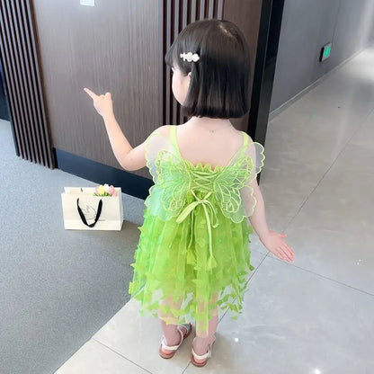 Fairy Girl Glitter Butterfly Wings Dress Summer New Kids Green Sling Princess Dresses Party Girls Costume  (Available)