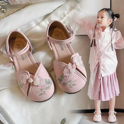 Girls Princess Shoes Hanfu Chinese Style Embroidered Kids Half Sandals for Summer Children Leather Shoes Sweet Soft Sole