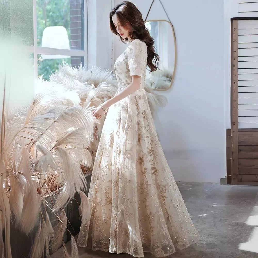 Elegant High Collar Evening Prom Bridesmaid Banquet Party Ball Dress Gown Short Sleeve Flower Embroidery Appliques Formal Dress