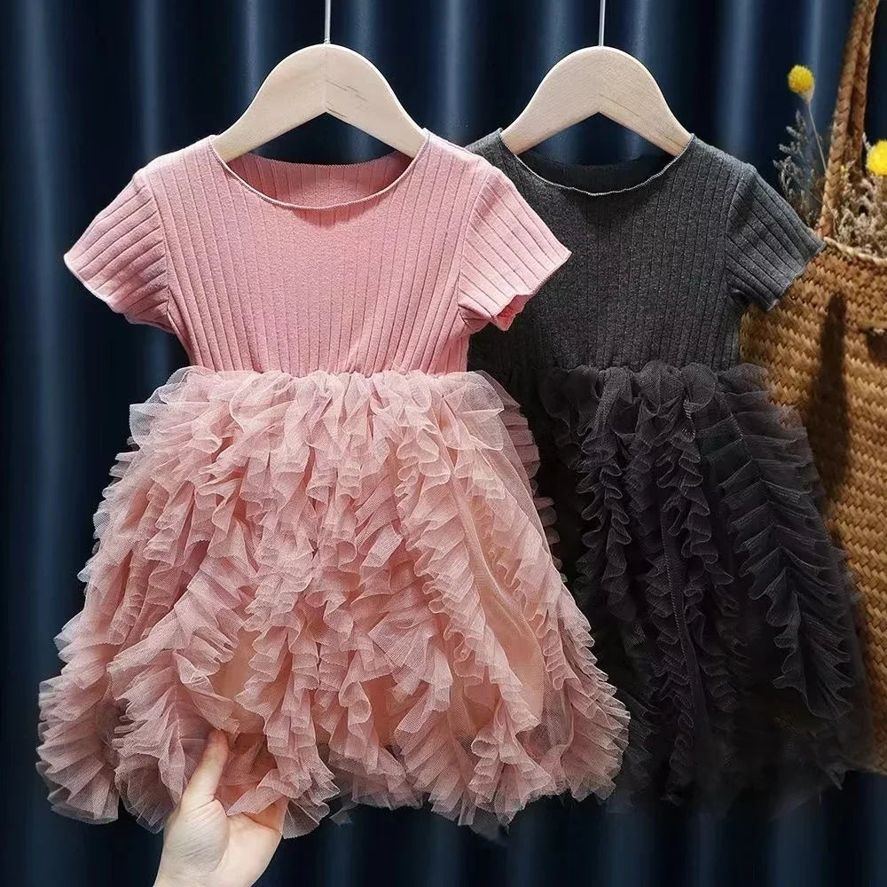 Kid Girl Party Dress Summer Solid Short Sleeve Lace Ribbed Mesh Dress Birthday&Wedding Party Clothing for little Girls