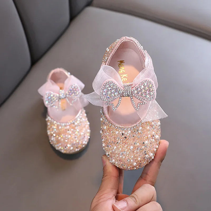 Fashion Children's Bow Rhinestone Sequin Kids Shoes Baby Party Student Flat Performance Shoes