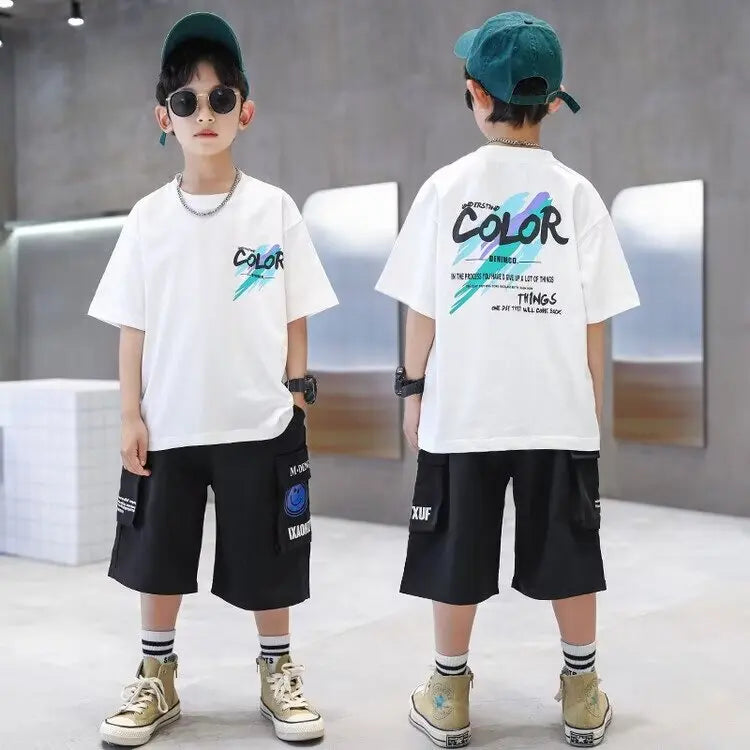 Summer 100% Cotton Boys Blue T-shirt Cool Graffiti Printed Girls Tees Short Sleeve Children Tops High Quality Kids Clothes