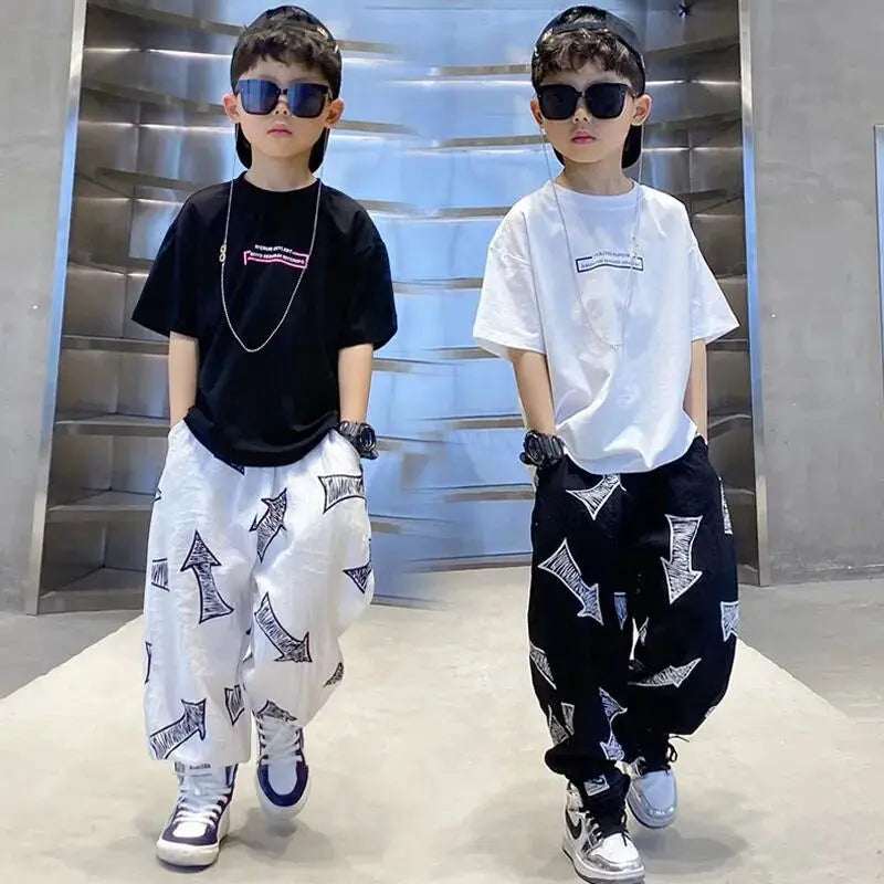 Children's Summer Set Korean Version Boy Hip Hop Loose Short Sleeve T-shirt Casual Mosquito Pants 2-piece Set