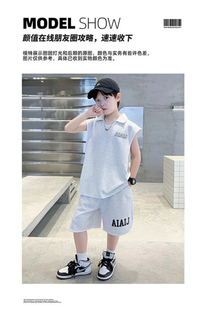 Boys Clothing Set American Style Children Vintage Vest Casual Sport Loose Pullover Sleeveless T-shirt Top Shorts Two-piece Set