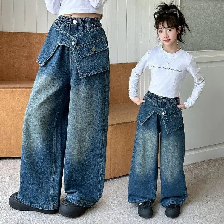 Autumn Trendy Korean Style Flared Jeans for Girls - Medium & Large Kids, Ruffled Long Pants for Junior High Students
