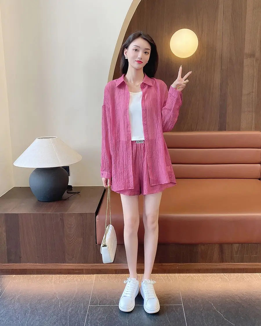 Spring and Summer Sun Protection Women's Set Stylish Loose Shirt Shorts High-end Elegant Women's Three Piece Set