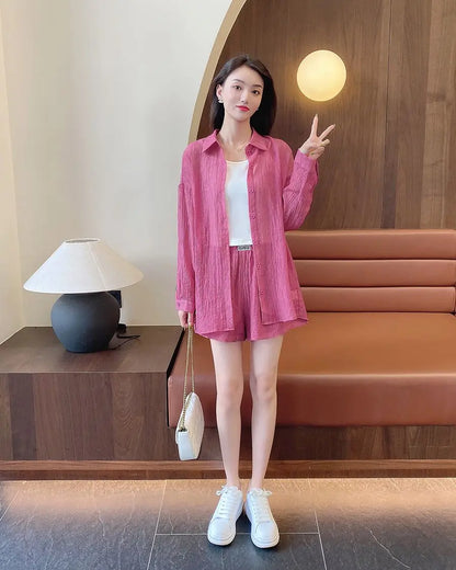 Spring and Summer Sun Protection Women's Set Stylish Loose Shirt Shorts High-end Elegant Women's Three Piece Set