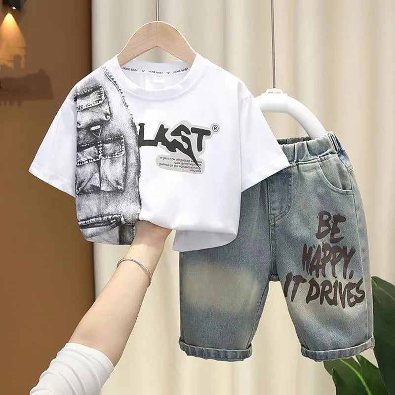 Boys Summer Clothing Set New Handsome Children's Short Sleeved Clothes Trendy Baby T-shirt Jeans Thin Two-piece Set