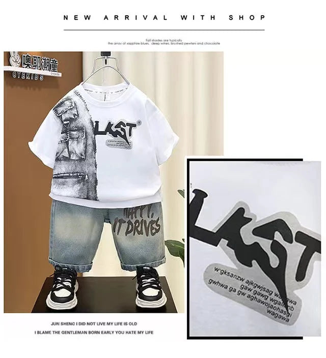 Boys Summer Clothing Set New Handsome Children's Short Sleeved Clothes Trendy Baby T-shirt Jeans Thin Two-piece Set