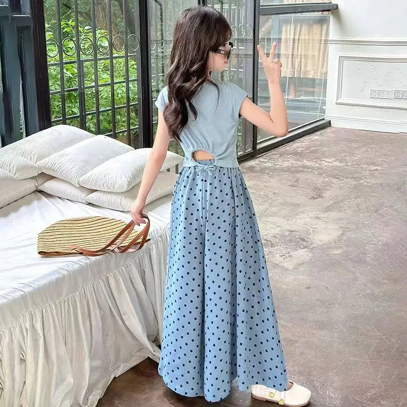 Girls set, summer children's fashion clothing, little girl wide leg pants, Korean version two-piece set, 4-12 years old