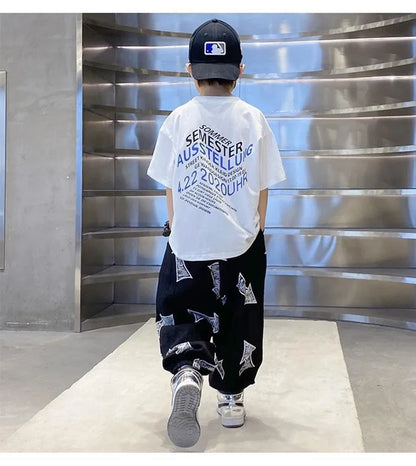 Children's Summer Set Korean Version Boy Hip Hop Loose Short Sleeve T-shirt Casual Mosquito Pants 2-piece Set
