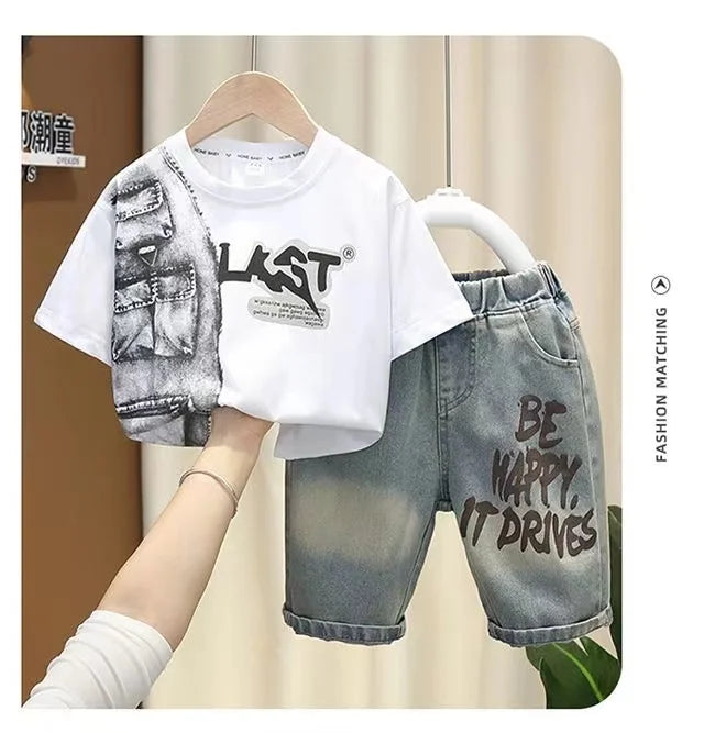 Boys Summer Clothing Set New Handsome Children's Short Sleeved Clothes Trendy Baby T-shirt Jeans Thin Two-piece Set