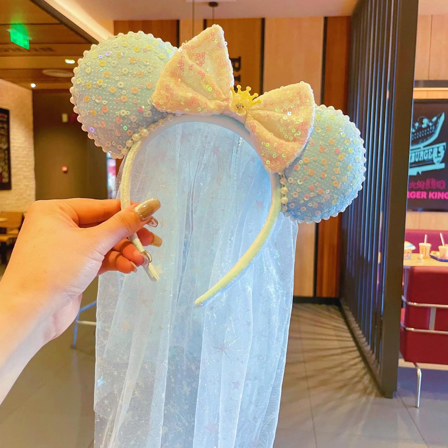 Adorable Sweet Rainbow Mouse ears veil Headband Gradient Butterfly Knot Hairband Theme Fresh Style Women's Hair Accessories