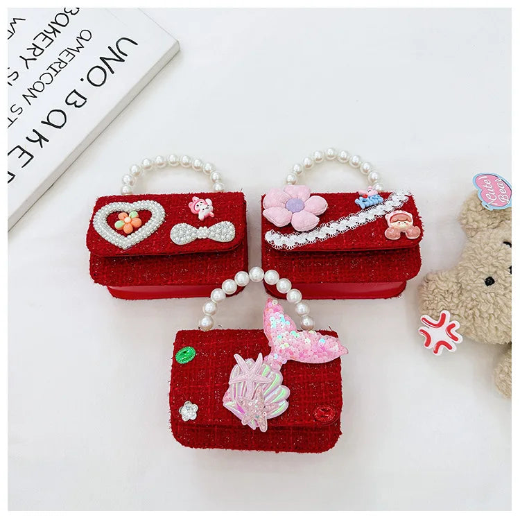 Sweet Bow Children's Small Square Shoulder Bag Sequin Lace Princess Girls Crossbody Bags Pearl Handle Coin Purse Handbags Gifts
