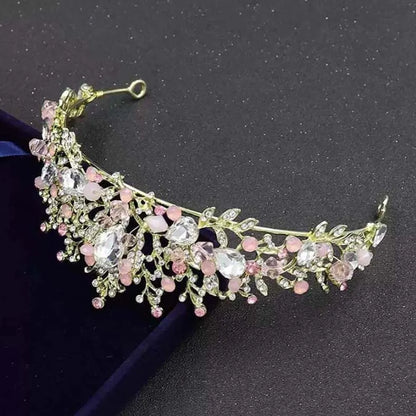 Ancient Vintage Pink Floral Crown Elegant Shiny Crown Hair Accessory Headwear Alloy Princess Rhinestone Tiara Photography Props