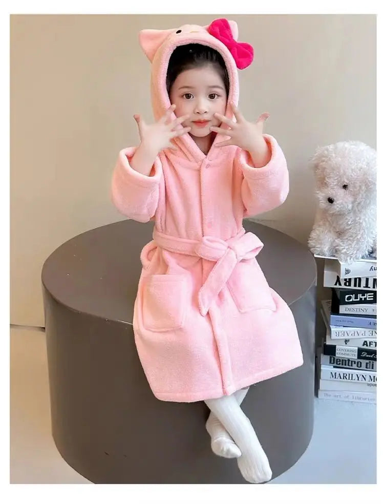 Sanrio Hello Kitty Children Bath Robe Pajamas Terry Cloth Girls Babies Toddlers Spring Winter Home Wear Hooded Cozy Sleepwear