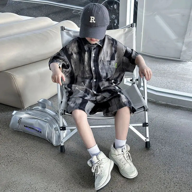 Boys Fashion Summer Tye-die Short Sleeve Shirts+Pants 2pcs Suits Years Kids Trend Streetwear Oufits Sets Children Clothing