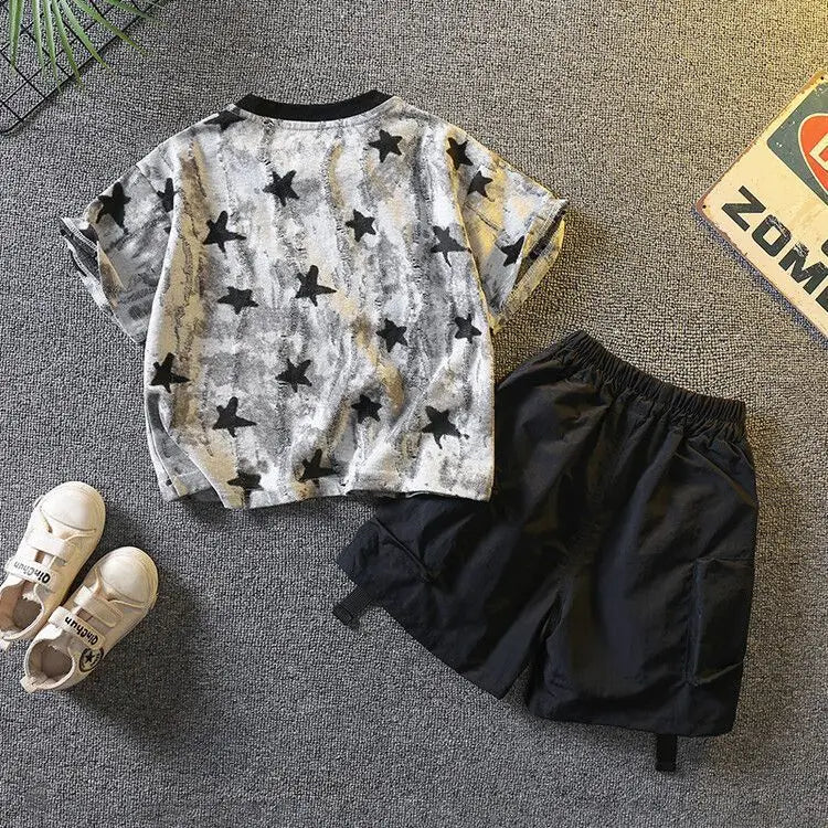 New Boys Sleeveless Vest Denim Shorts 2PC Sets Outdoor Festival Clothing Vintage Print Kids Miracle Design 2-10 Years White Tops
