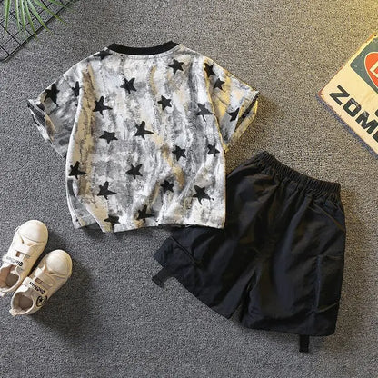 New Boys Sleeveless Vest Denim Shorts 2PC Sets Outdoor Festival Clothing Vintage Print Kids Miracle Design 2-10 Years White Tops