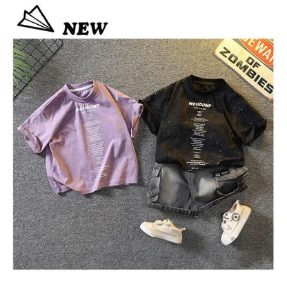 Baby Boys Summer Clothes Fashion Crew Neck Children Tracksuit Letter Printed T-shirt Denim Shorts 2pcs Suit Kids Outfit 2-11Y