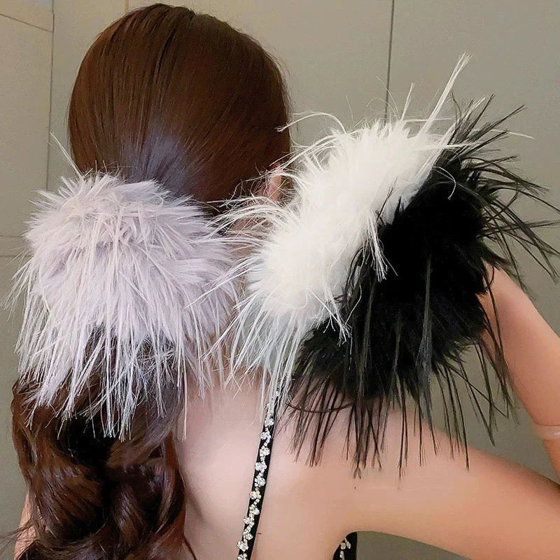 Large Feather Hair Rope Women Lady Elegant Black White Feather Elastic Hair Band Winter Headwear Fluffy Hair Scrunchy Hair Ring