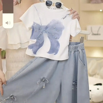 2025 Summer Girls Three-dimensional Bow Round Neck Solid Color Short Sleeve Fashionable Versatile Bow Culottes Two-piece Set