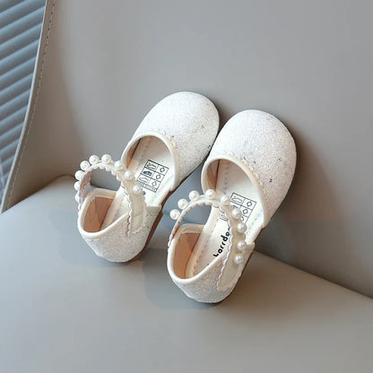 Girl's Princess Shoes Pearl Round Toe Glitter Sweet Kid's Flat Shoe Solid Colors Anti-slip Cute Party Daily Children Shoe