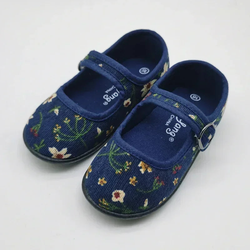New Corduroy Floral Canvas Shoes Girls Square Mouth Indoor Shoes Soft Soled Non-slip Shoes