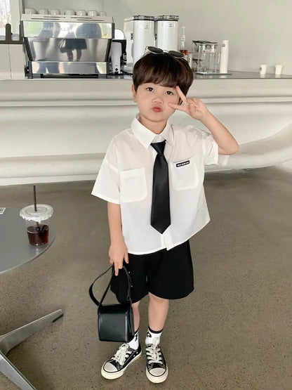 Teens Boys Summer Set Children's Wear Thin 2025 New Handsome British Style Boy White Cotton Short Sleeved Shirt+Black Shorts+Tie