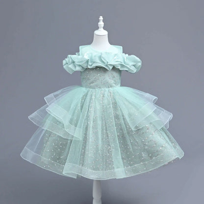 New Girl's Wedding Evening Dress Petal Sequin Mesh Sleeveless Dress Birthday Party School Graduation Party Dress