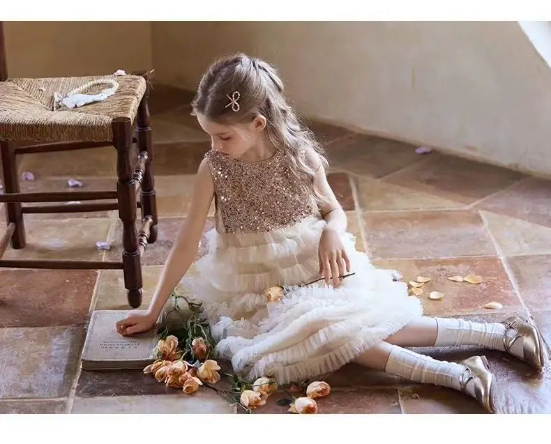 New Summer Party Dress for Kids Girls Sequined Sleeveless Mesh Cake Princess Dress Fashionable and Comfortable Skirt S4016