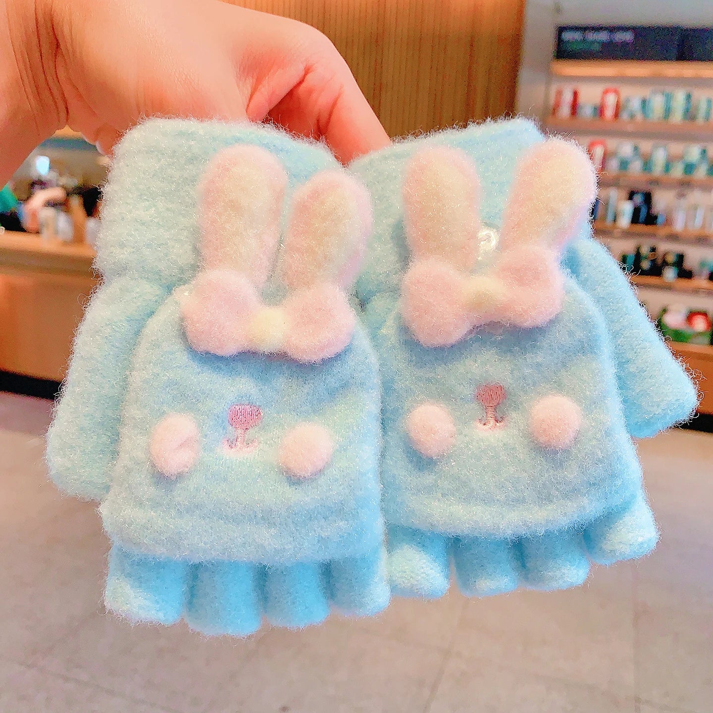 Winter Plush Knitted Cartoon Rabbit Flexible Flip-top Gloves Thicken Warm Cute Gloves For Baby Girls Half Finger Children Gloves