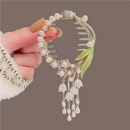 Ladies Butterfly Rhinestone Pearl Metal Hair Claw Round Bun Ponytail Holder