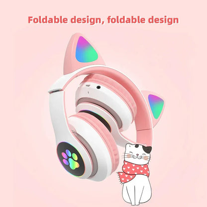 P47M Wireless Headphone Flash Light Cute Cat Bluetooth with Mic Control LED Stereo Music Helmet Phone Bluetooth Headset Gift