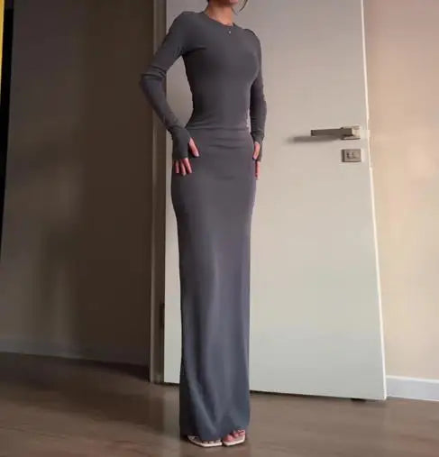 Womens Dresses  Spring Autumn New Fashion Sexy Skinny Hip Hugging Comfortable Solid Color Casual Round Neck Long Dress