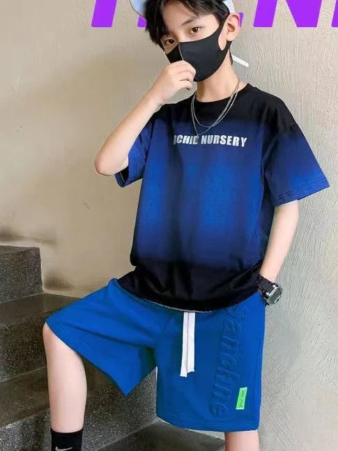 Children's Boy Clothes Set Summer Gradient Letter T-shirts and Shorts Suit Teenage Short Sleeve Top Bottom 2 Pieces Tracksuit
