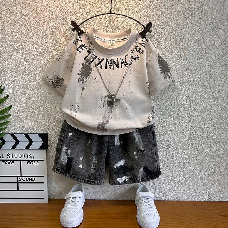 New Boys Sleeveless Vest Denim Shorts 2PC Sets Outdoor Festival Clothing Vintage Print Kids Miracle Design 2-10 Years White Tops