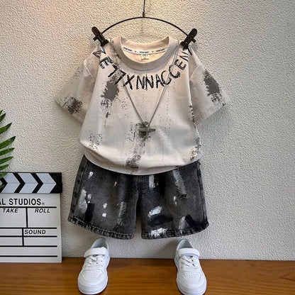 New Boys Sleeveless Vest Denim Shorts 2PC Sets Outdoor Festival Clothing Vintage Print Kids Miracle Design 2-10 Years White Tops