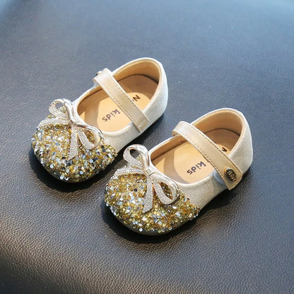 Bling Sequine Flats Shoes For Kids Princess Gold Silver Bowtie Dress Shoes For Toddler Girls Spring Autumn Causal Baby Walkers