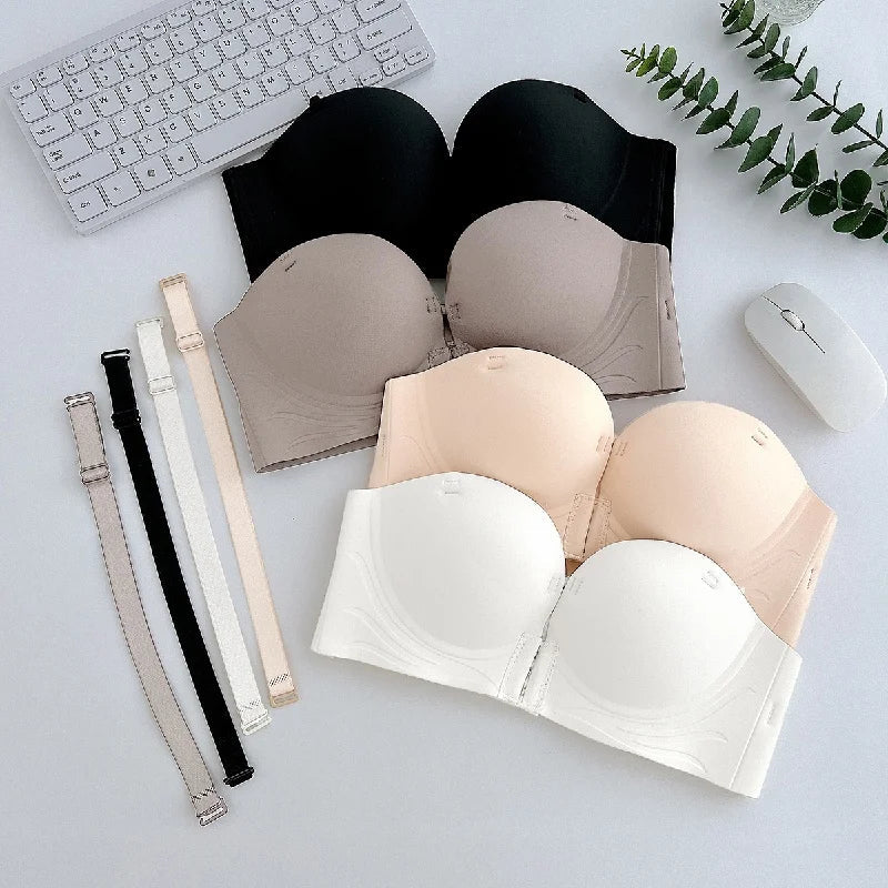 Front Closure Strapless Bras For Women Seamless Push Up Brassiere Thick Soft Underwear Solid Color Adjustable Invisible Lingerie