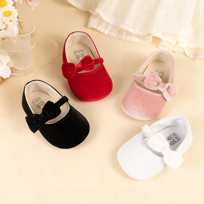 Newborn Baby Girls Mary Jane Flats Cute Bowknot Velvet Toddler Dress Shoes Lovely Princess Infant Crib Shoes for 0-18Months
