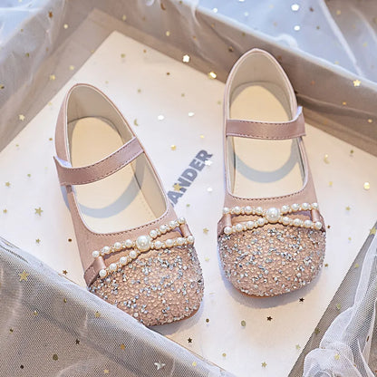 Girl Princess Shoes 2025 Spring and Autumn Crystal Shoes Rhinestones Single Shoes Baby Small Leather Shoes Soft Soles with Dress