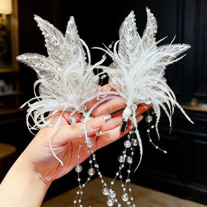 Fairy Bride Headdress BrideCourt Hair Ornament Crystal Butterfly Wings Headwe Lace Feather Fringe Hair Clip Wedding Accessories