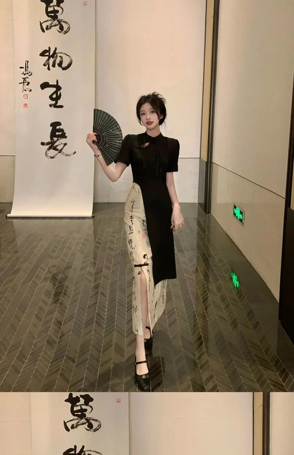New Chinese Style High Grade Irregular Calligraphy Half Body Dress Fashion Qipao Two Piece Set Skirt Women's Summer Hanfu Suit
