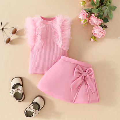 2Pcs Toddler Baby Girl Clothes Outfit Bubble Sleeve Patchwork Ruffle Top+Solid Color Flared Pants Fashion Set Fit 0-3 Years Set