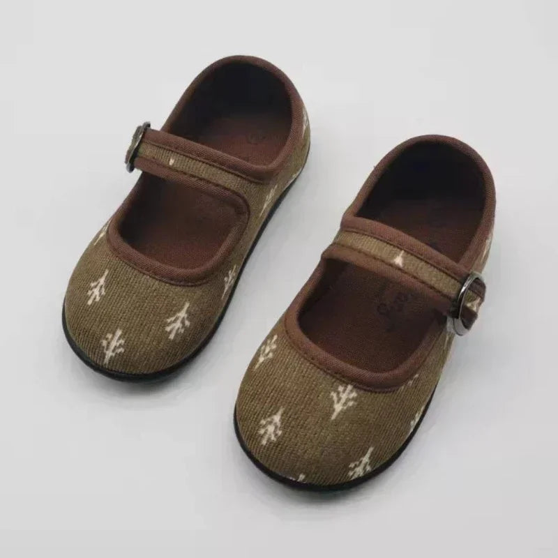 New Corduroy Floral Canvas Shoes Girls Square Mouth Indoor Shoes Soft Soled Non-slip Shoes