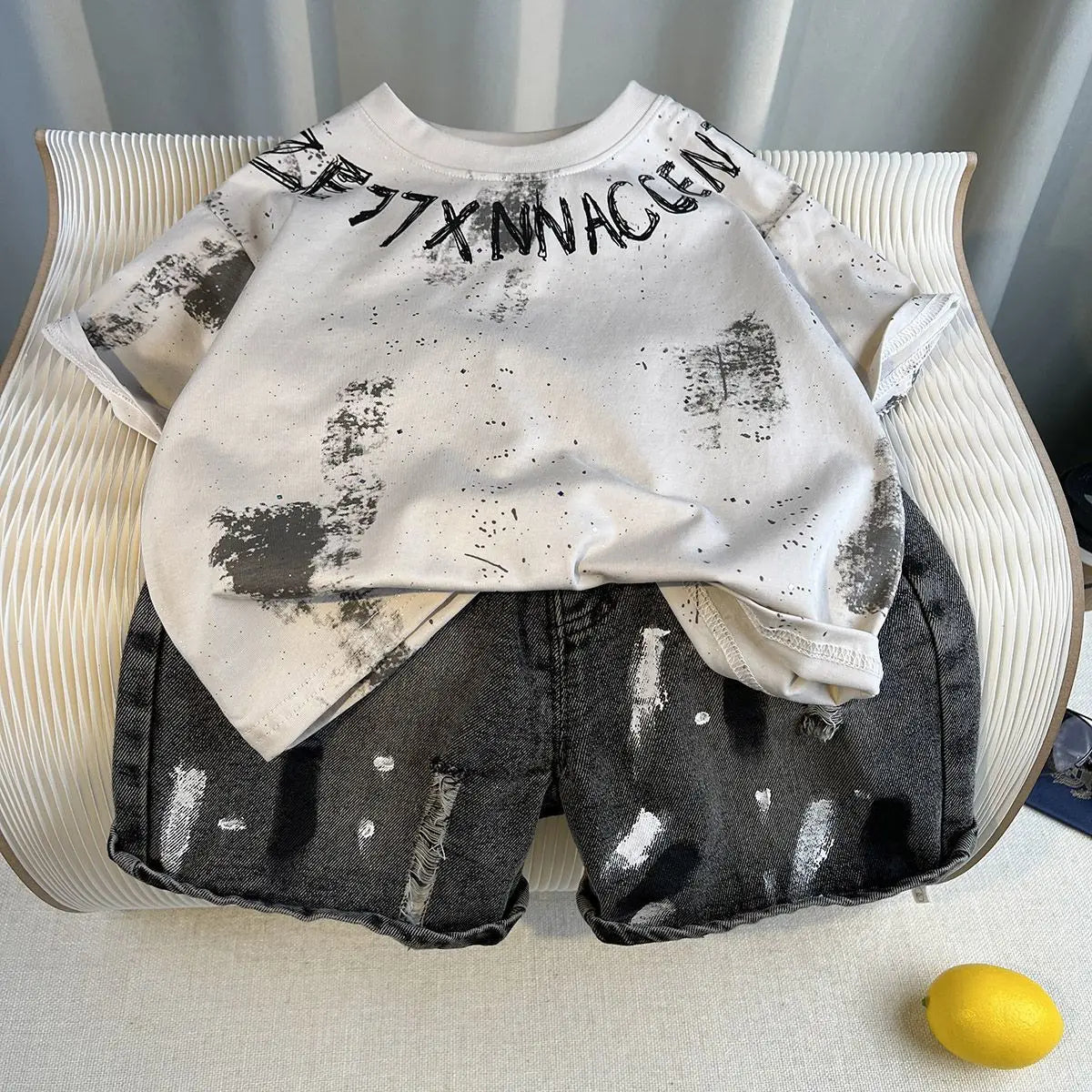 New Boys Sleeveless Vest Denim Shorts 2PC Sets Outdoor Festival Clothing Vintage Print Kids Miracle Design 2-10 Years White Tops