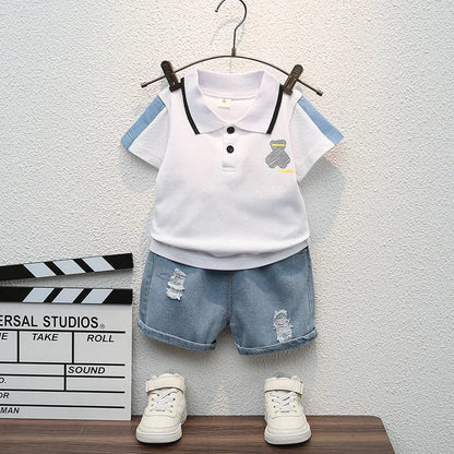 Children Summer Fashion Baby Boys Clothes Cartoon Bear T-shirt Denim Shorts 2pcs/sets Kids Outfits Costume Casual Sports Suit