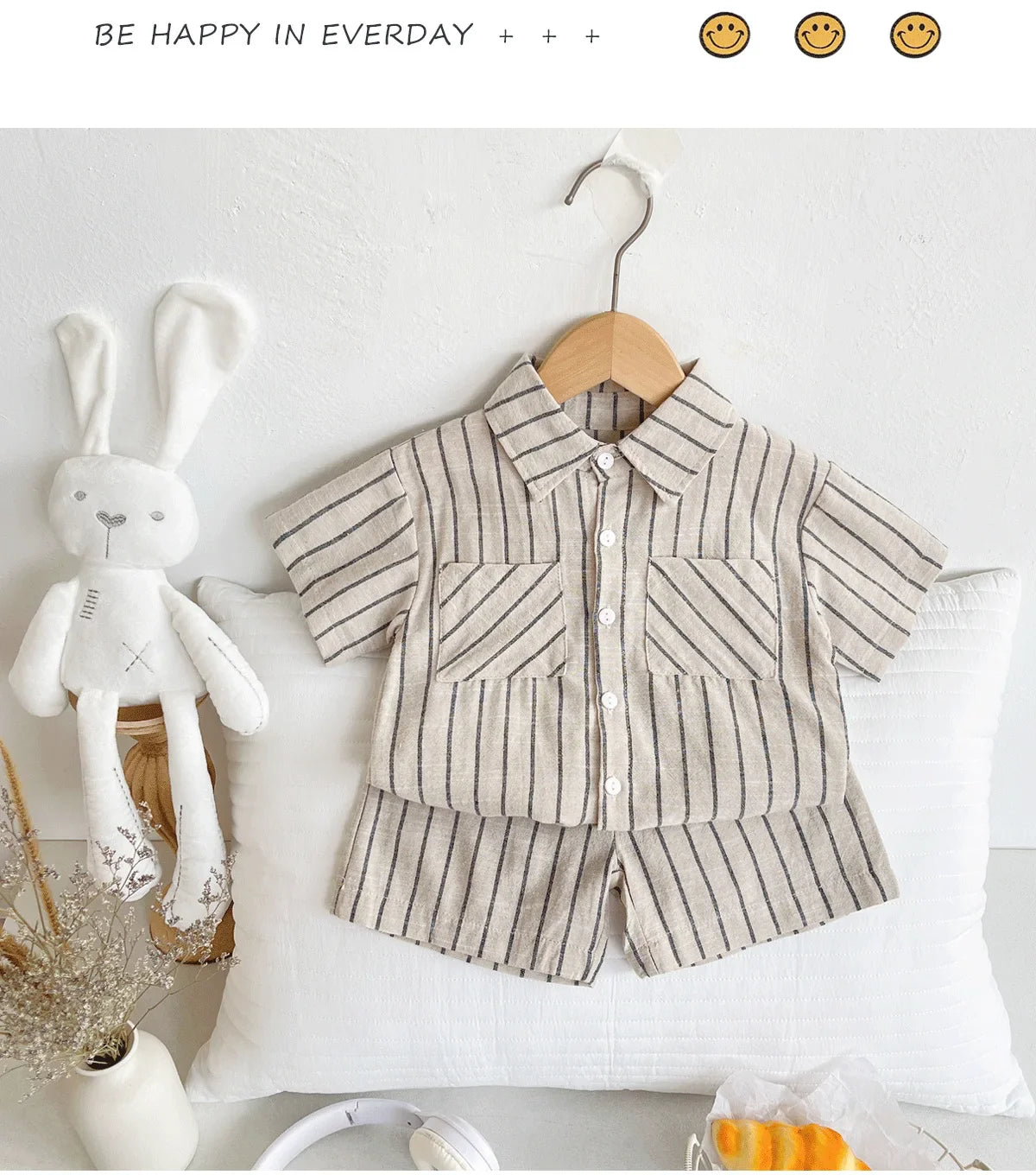 Set Children Unisex Summer New Style Cotton Stripe Pocket Shirt Polo Collar Shourts Fashion Casual Brief Versatile Korean