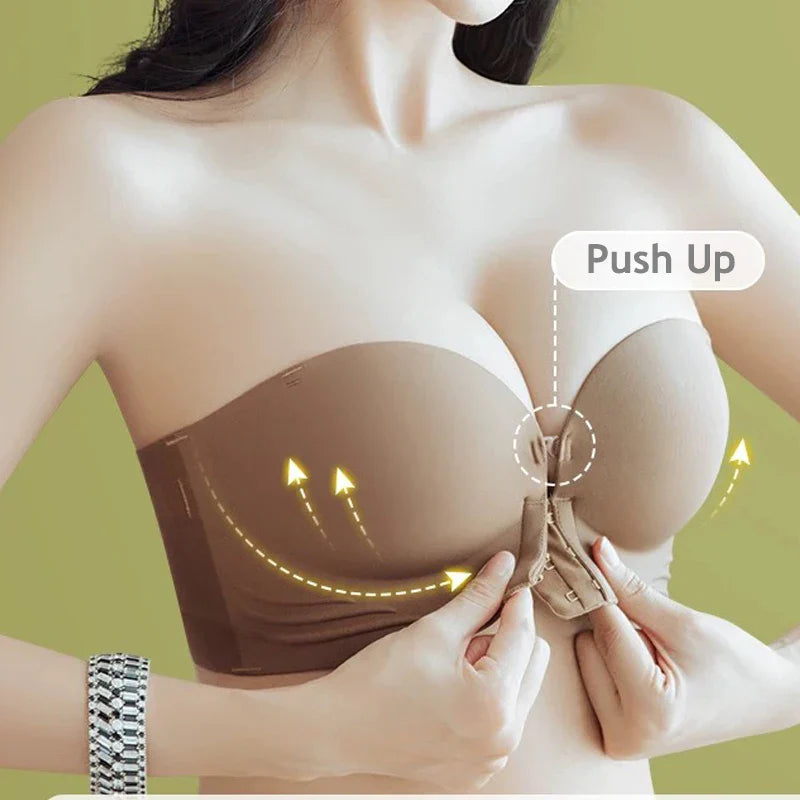 Front Closure Strapless Bras For Women Seamless Push Up Brassiere Thick Soft Underwear Solid Color Adjustable Invisible Lingerie